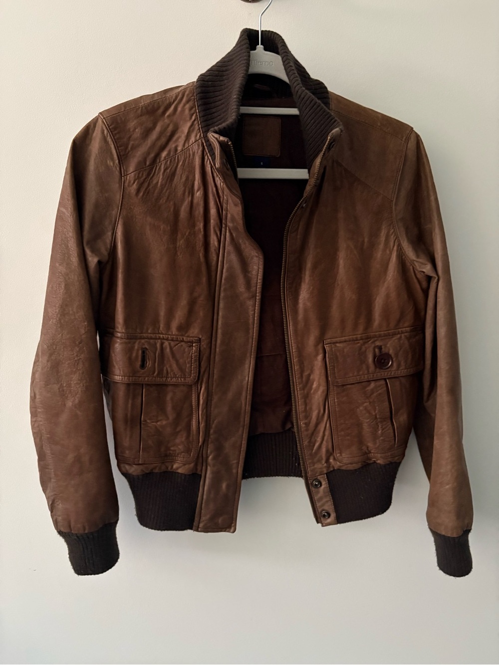 Women’s Brown Leather Bomber Jacket - Classic Ribbed Collar